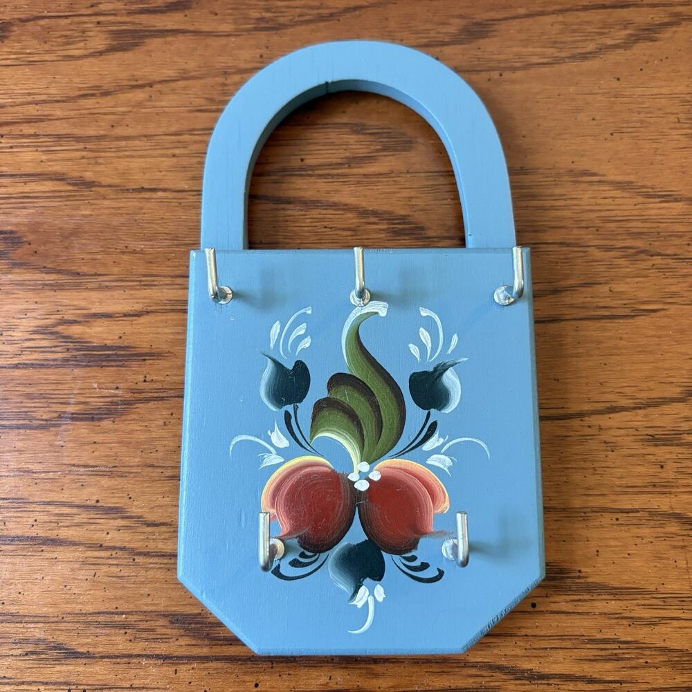 Norwegian Rosemaling Painted Folk Art Key Hook Holder Norway Blue